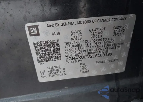 2020 Chevrolet Equinox Awd Lt 1.5L Turbo from USA, damaged, VIN 2GNAXUEV2L6100180